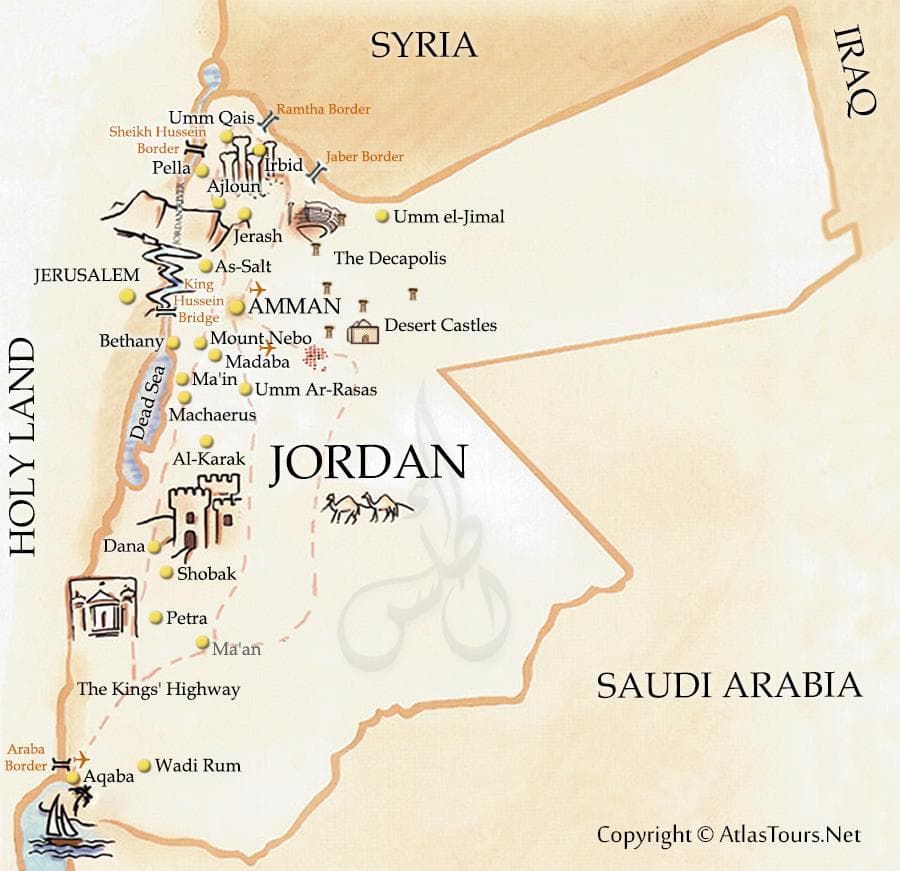 خريطة الأردن وموقعه بين الدول المجاورة