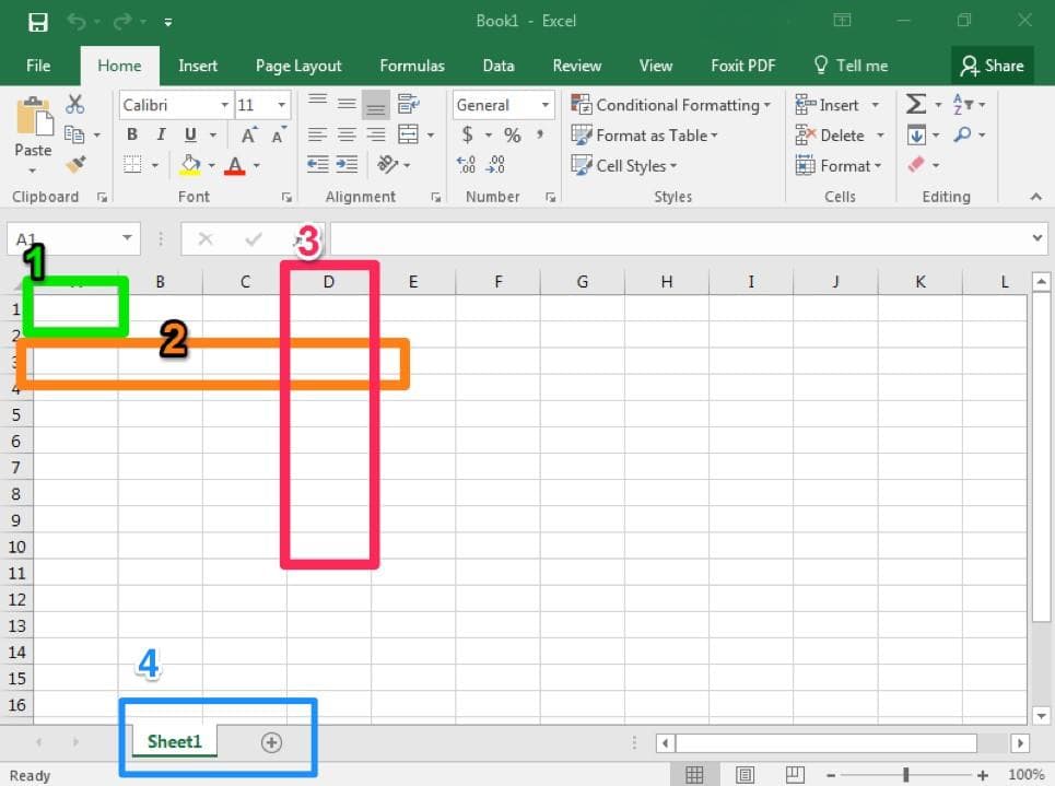 لقطة حقيقية لورقة Microsoft Excel تحدد الخلية والصف والعمود ولسان ورقة العمل